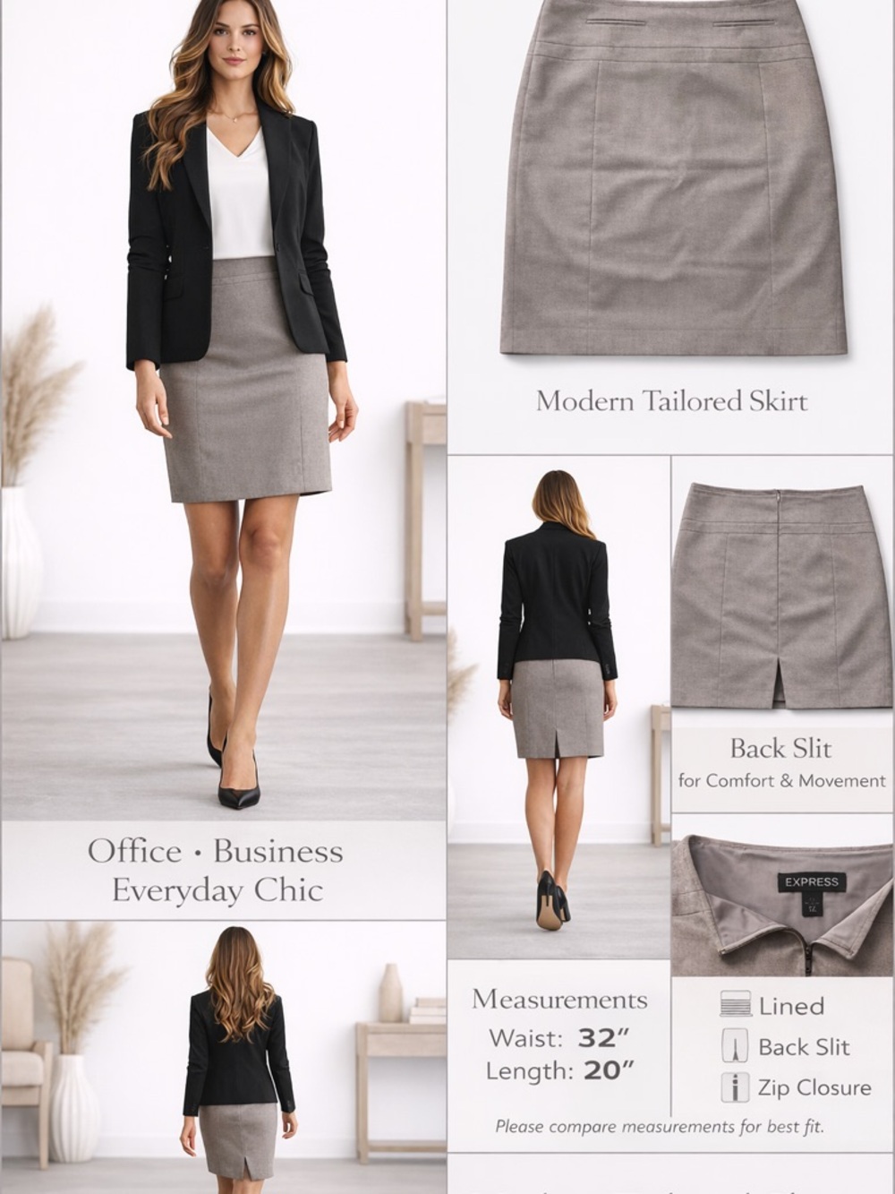 Express Pencil Skirt Sz 12 Taupe Beige Career Office Mini Lined Back Slit - Picture 4 of 12
